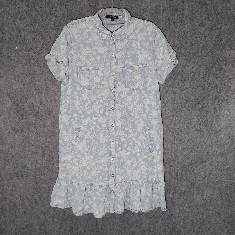 Velvet Heart Shirt Dress M Blue Chambray Cottagecore Floral Ruffle 100% Tencel